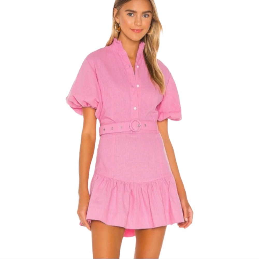 S/W/F Boutique x Anthropologie Violetta Med Pink Button Linen Mini Belted Dress